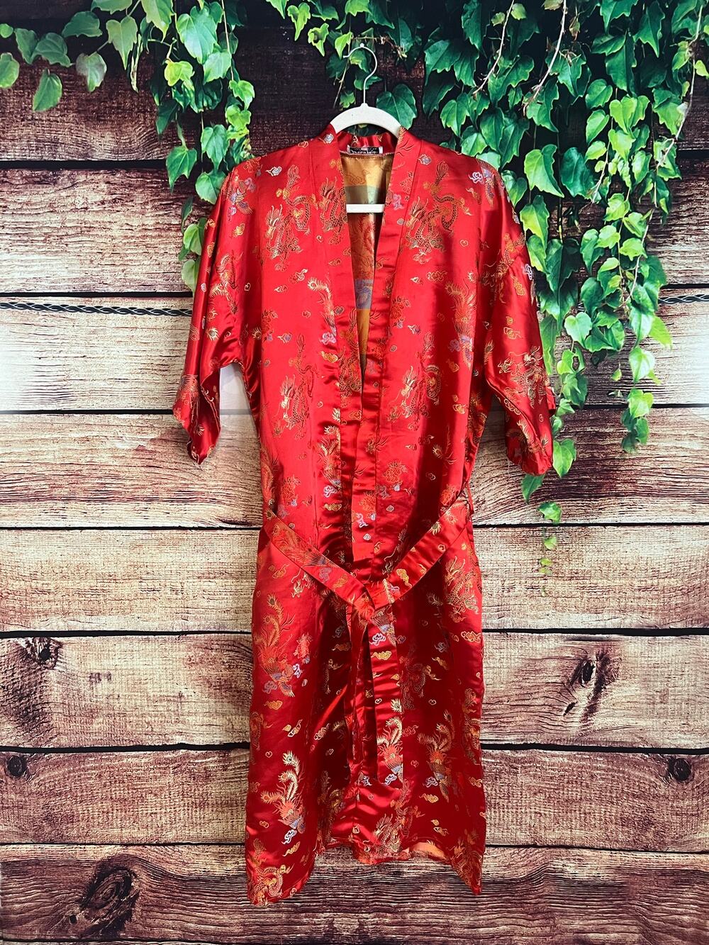 Vintage Kimono Robe 100% Silk Japanese Dragons Red Rainbow XXL PTP 24"